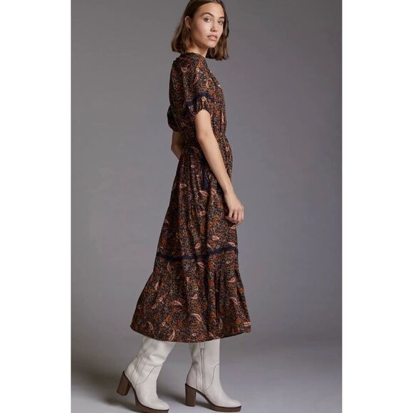 SOLD🚫 Anthropologie By the River Women’s Small Floral Puff Sleeve Midi Dress - Picture 2 of 13